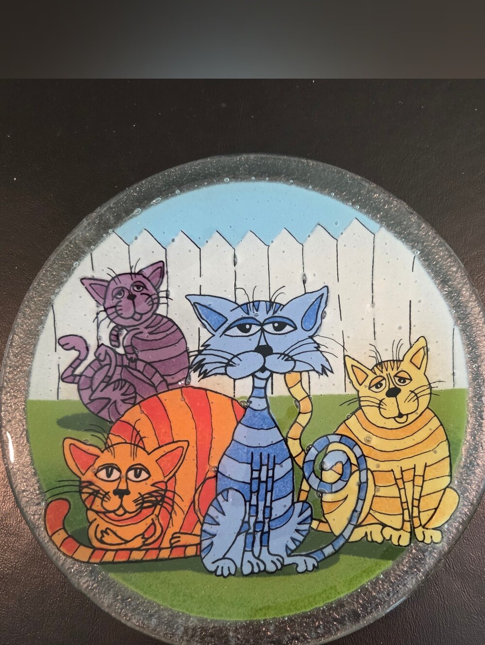 Peggy Karr Glass Sofa Cats 8" Fused Glass Plate Handmade USA  Retired